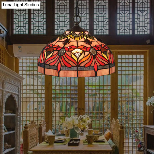 Red Stained Glass Hanging Light Fixture - Tiffany Bowl Shade Pendant For Dining Room