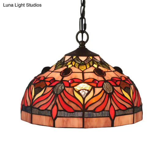 Tiffany Stained Glass Bowl Shade Hanging Light With Red Finish For Dining Room