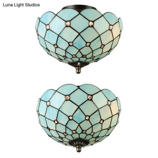 Tiffany Stained Glass Bowl-Shaped Flushmount Ceiling Light - Beige/Black 1/2 Lights