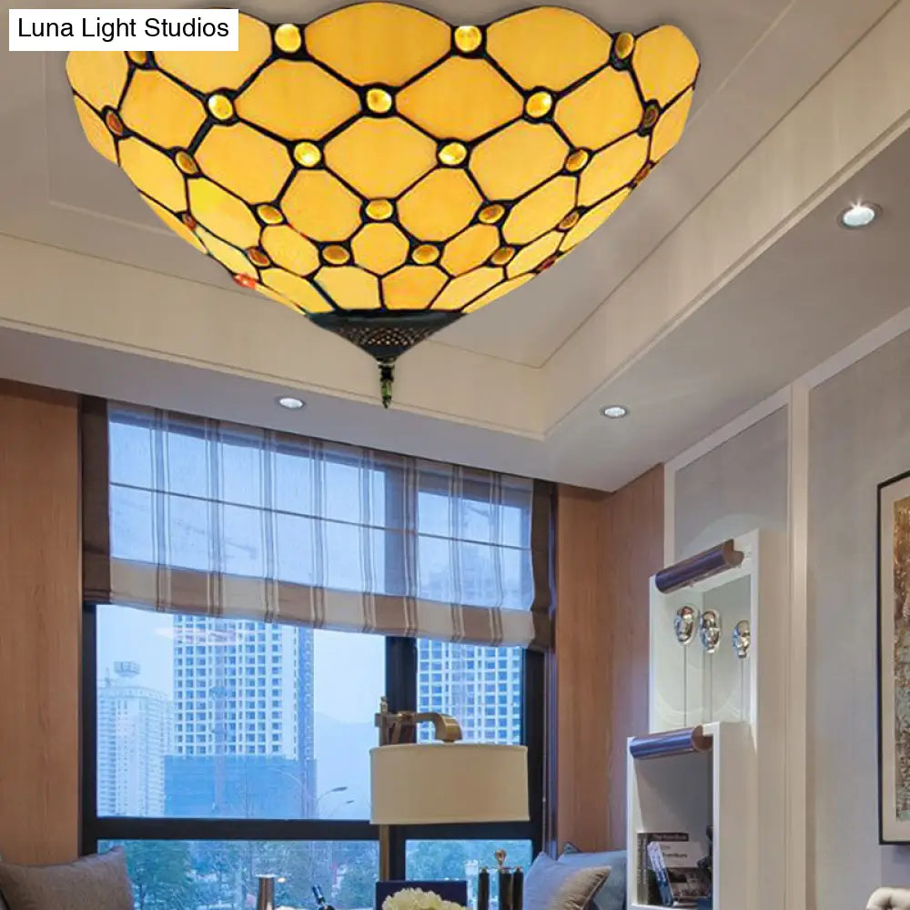 Tiffany Stained Glass Bowl-Shaped Flushmount Ceiling Light - Beige/Black 1/2 Lights Yellow