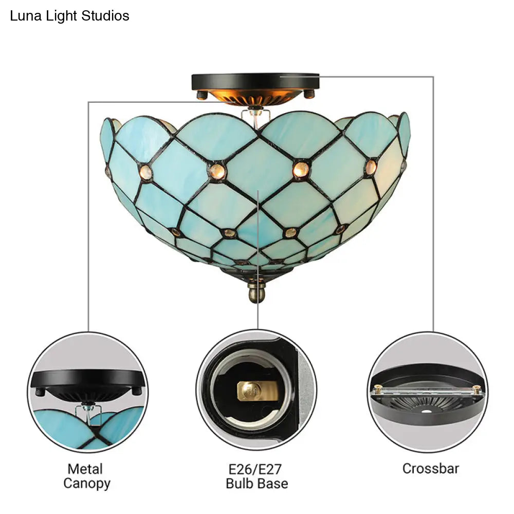 Tiffany Stained Glass Bowl-Shaped Flushmount Ceiling Light - Beige/Black 1/2 Lights
