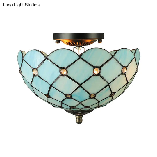 Tiffany Stained Glass Bowl-Shaped Flushmount Ceiling Light - Beige/Black 1/2 Lights