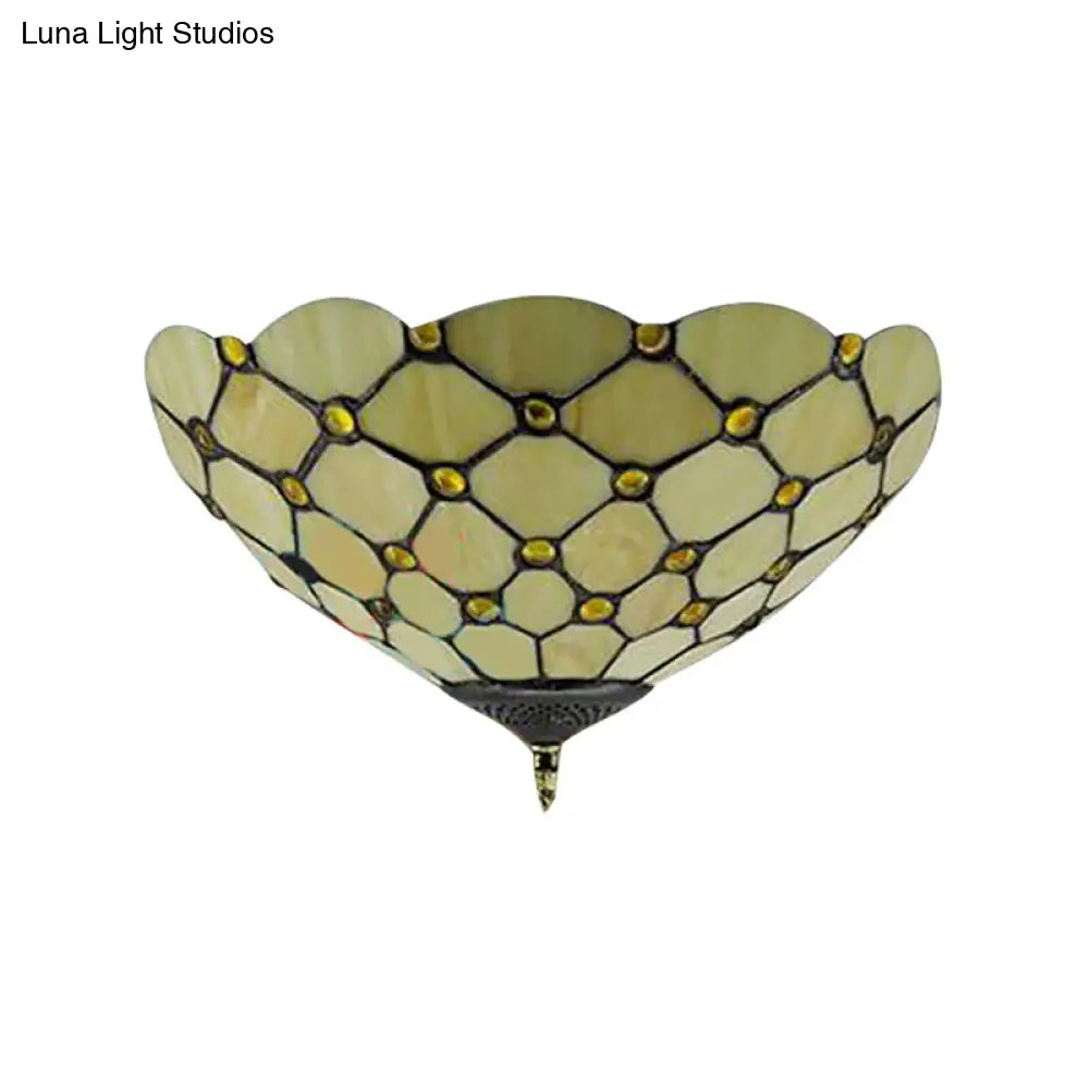 Tiffany Stained Glass Bowl-Shaped Flushmount Ceiling Light - Beige/Black 1/2 Lights