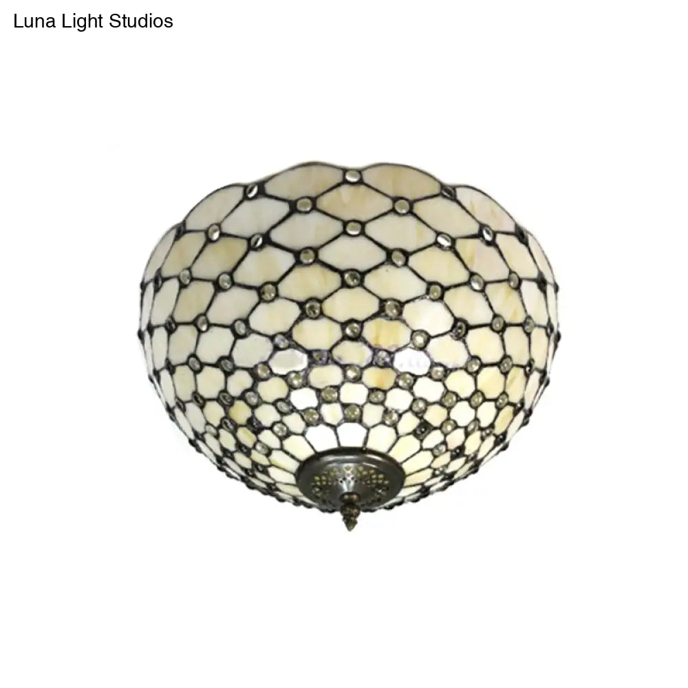 Tiffany Stained Glass Bowl-Shaped Flushmount Ceiling Light - Beige/Black 1/2 Lights