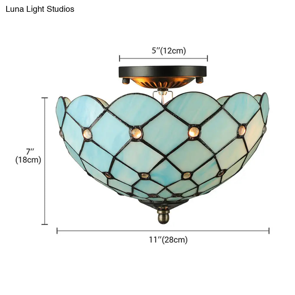 Tiffany Stained Glass Bowl-Shaped Flushmount Ceiling Light - Beige/Black 1/2 Lights