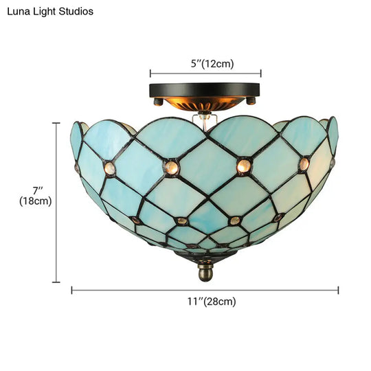 Tiffany Stained Glass Bowl-Shaped Flushmount Ceiling Light - Beige/Black 1/2 Lights