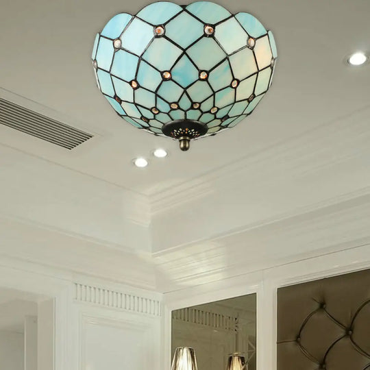 Tiffany Stained Glass Bowl-Shaped Flushmount Ceiling Light - Beige/Black 1/2 Lights Blue