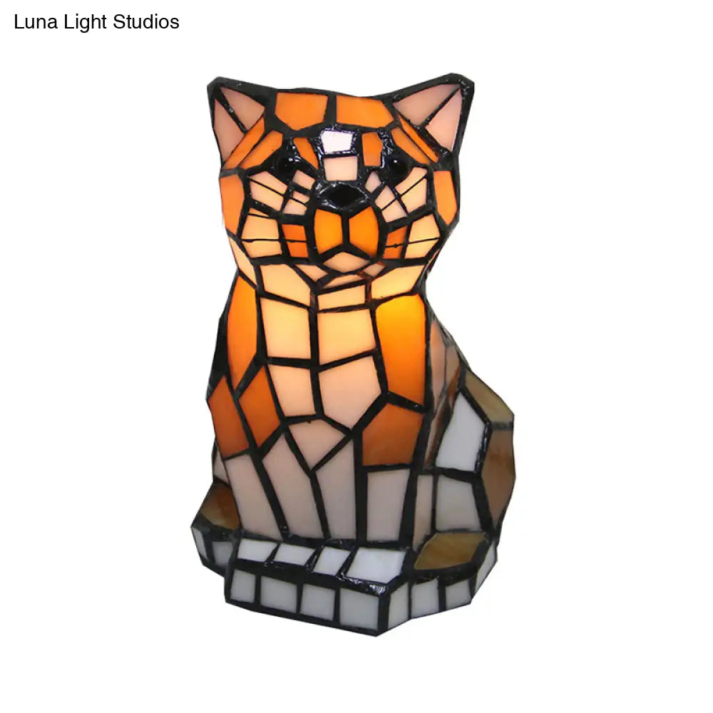 Tiffany Stained Glass Brown Cat Shade Accent Lamp Colorful Bedside Table With 1 Light