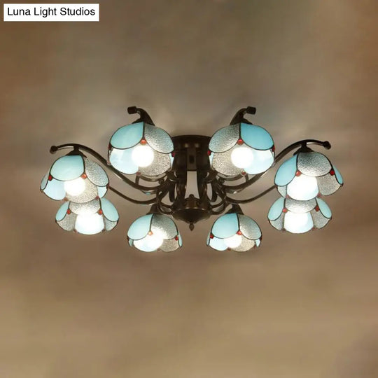 Tiffany Stained Glass Ceiling Lamp: Scalloped Design With Multiple Heads - Gray/White/Blue Flush