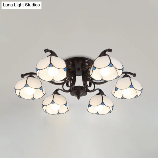 Tiffany Stained Glass Ceiling Lamp: Scalloped Design With Multiple Heads - Gray/White/Blue Flush