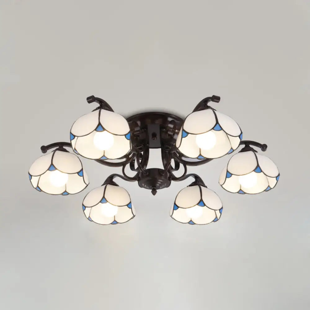 Tiffany Stained Glass Ceiling Lamp: Scalloped Design With Multiple Heads - Gray/White/Blue Flush