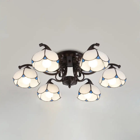 Tiffany Stained Glass Ceiling Lamp: Scalloped Design With Multiple Heads - Gray/White/Blue Flush