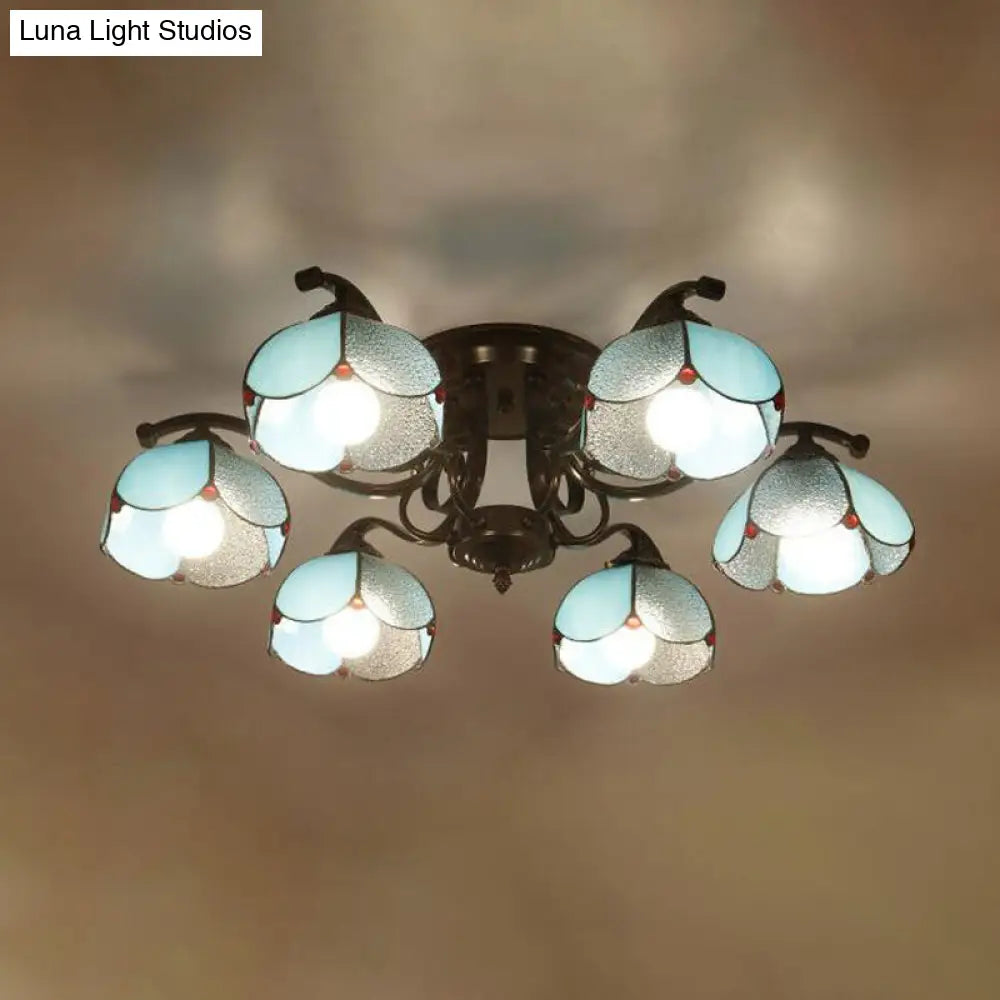 Tiffany Stained Glass Ceiling Lamp: Scalloped Design With Multiple Heads - Gray/White/Blue Flush