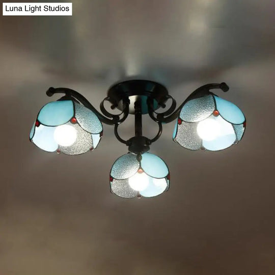 Tiffany Stained Glass Ceiling Lamp: Scalloped Design With Multiple Heads - Gray/White/Blue Flush