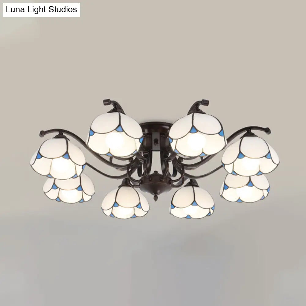 Tiffany Stained Glass Ceiling Lamp: Scalloped Design With Multiple Heads - Gray/White/Blue Flush