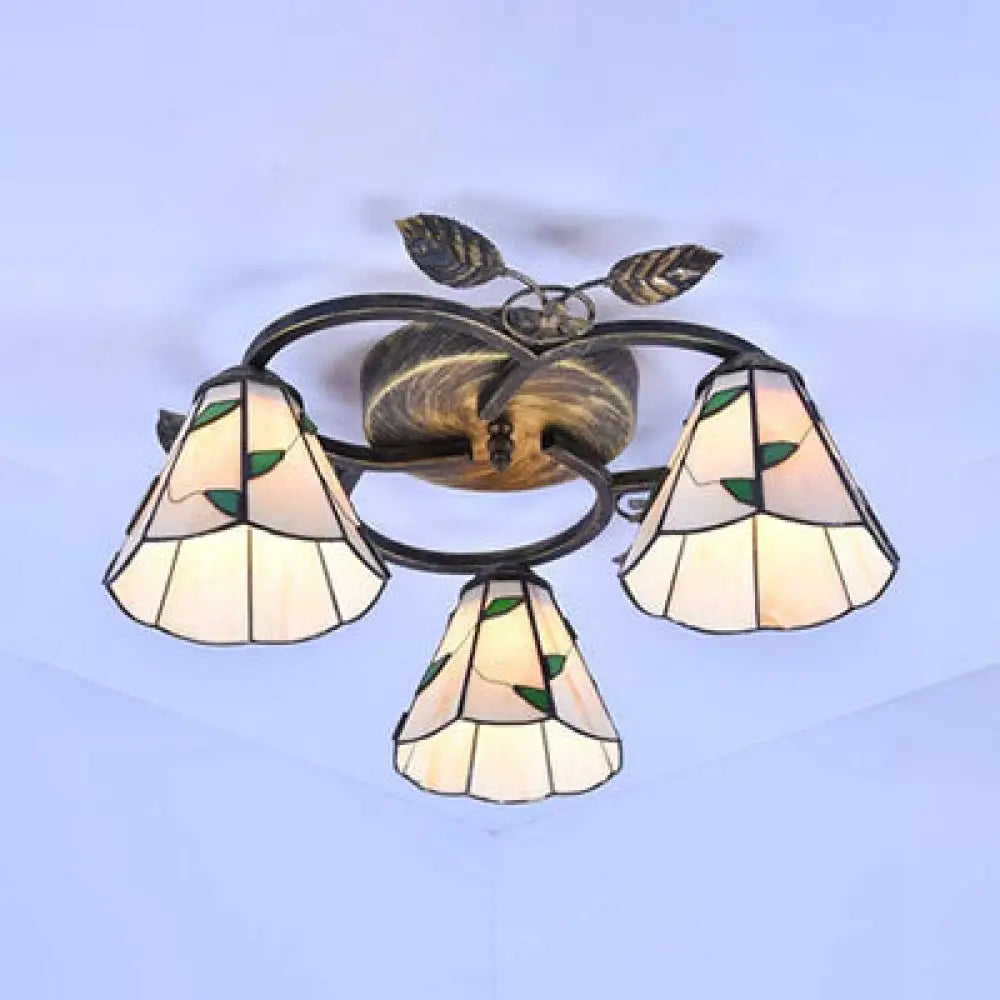 Tiffany Stained Glass Ceiling Light Fixture: Conic Shape Beige/Blue With Leaf Decoration - 3 Lights