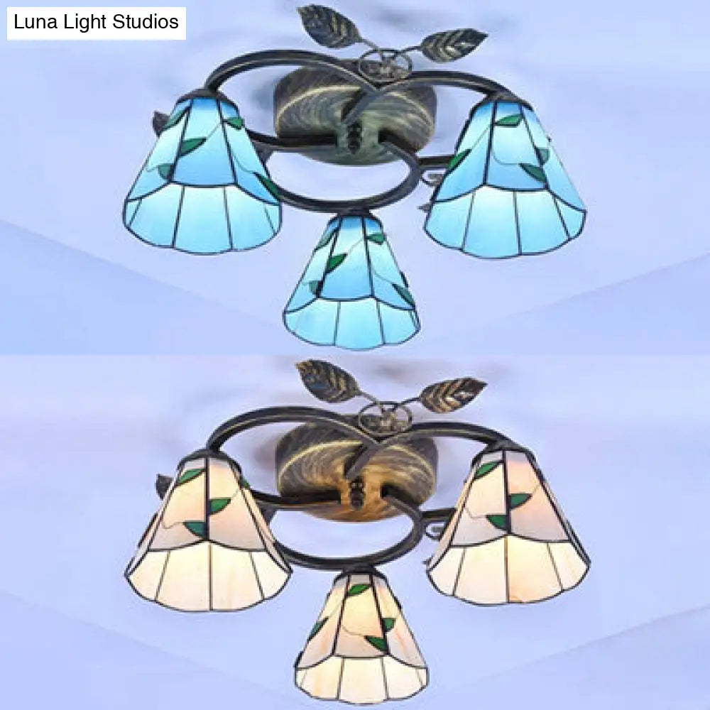 Tiffany Stained Glass Ceiling Light Fixture: Conic Shape Beige/Blue With Leaf Decoration - 3 Lights