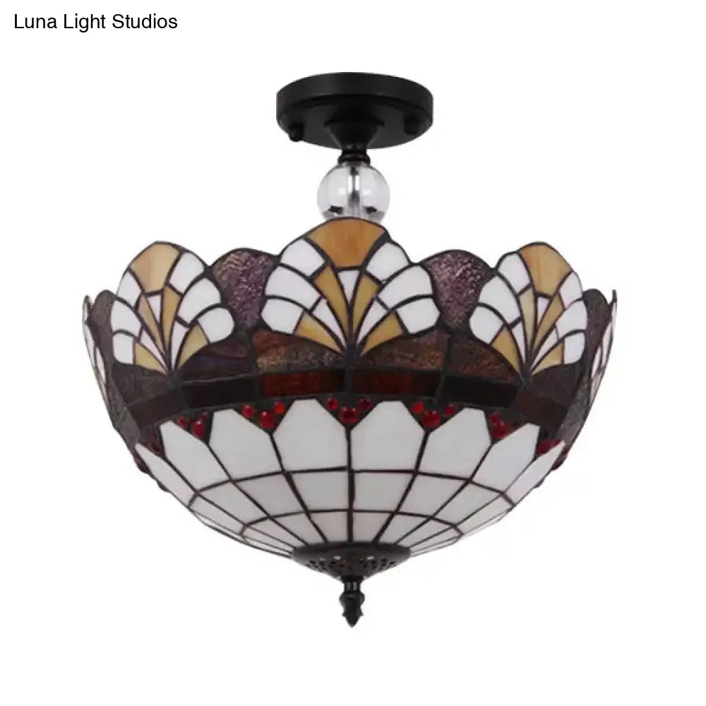 Tiffany Stained Glass Ceiling Light For Bedroom - Semi Flush Mount With Crystal Ball Decoration