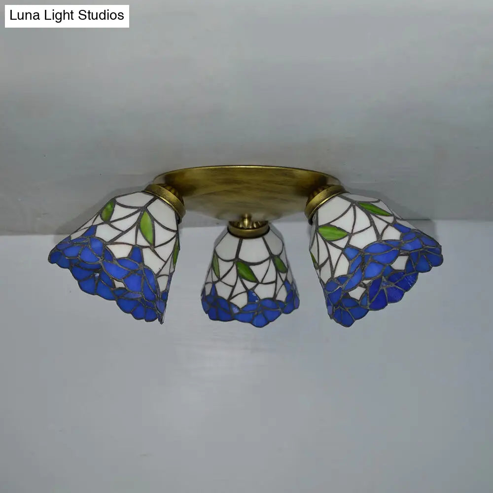 Tiffany Stained Glass Ceiling Light In Pink/Blue/Beige For Bedroom With 3 Conic Heads