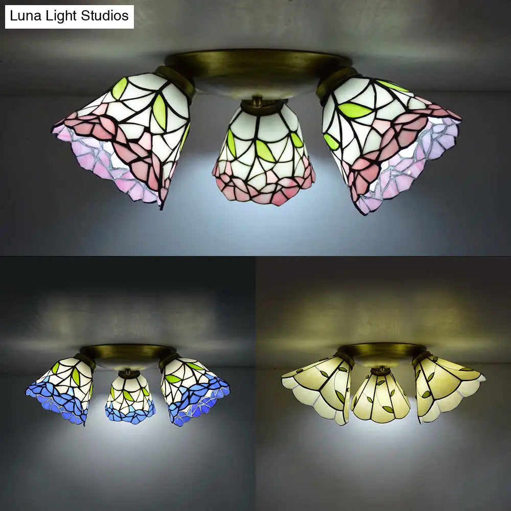 Tiffany Stained Glass Ceiling Light In Pink/Blue/Beige For Bedroom With 3 Conic Heads
