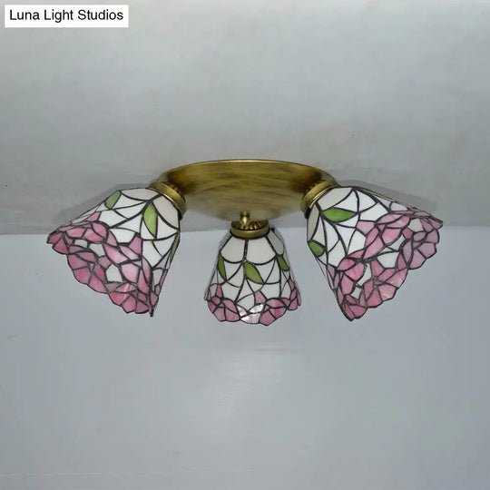 Tiffany Stained Glass Ceiling Light In Pink/Blue/Beige For Bedroom With 3 Conic Heads