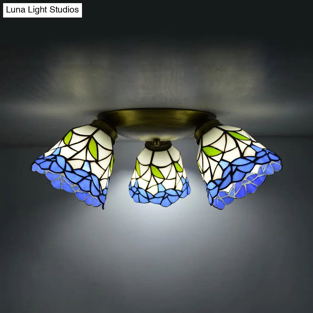 Tiffany Stained Glass Ceiling Light In Pink/Blue/Beige For Bedroom With 3 Conic Heads Blue