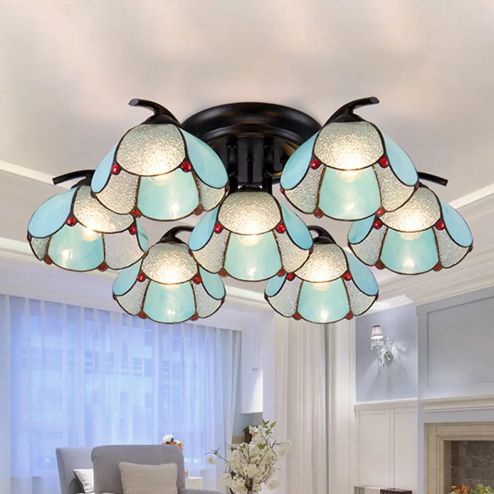 Tiffany Stained Glass Ceiling Light - Scalloped Design 3/7/8 Heads Blue Semi Flush Mount 7 /