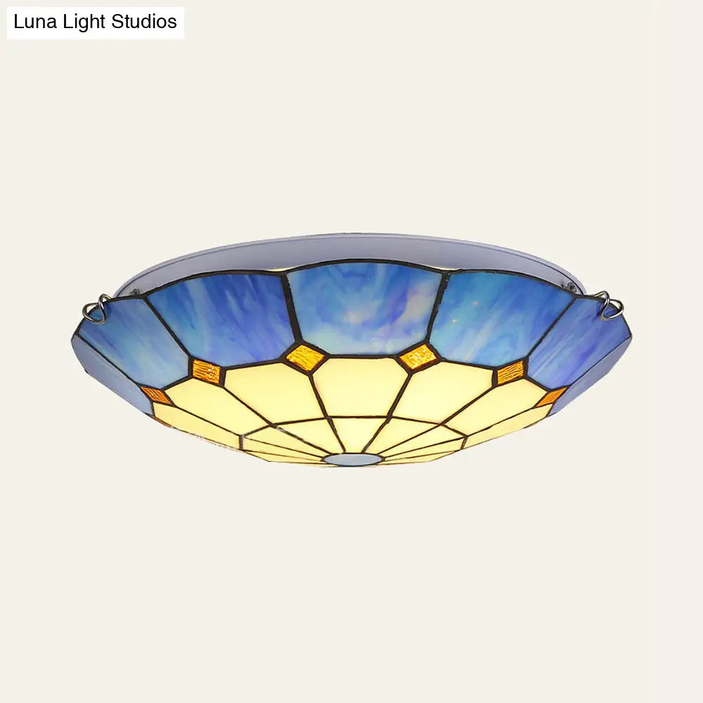 Tiffany Stained Glass Ceiling Light With 3 Bulbs - Blue Bowl Shape For Dining Room