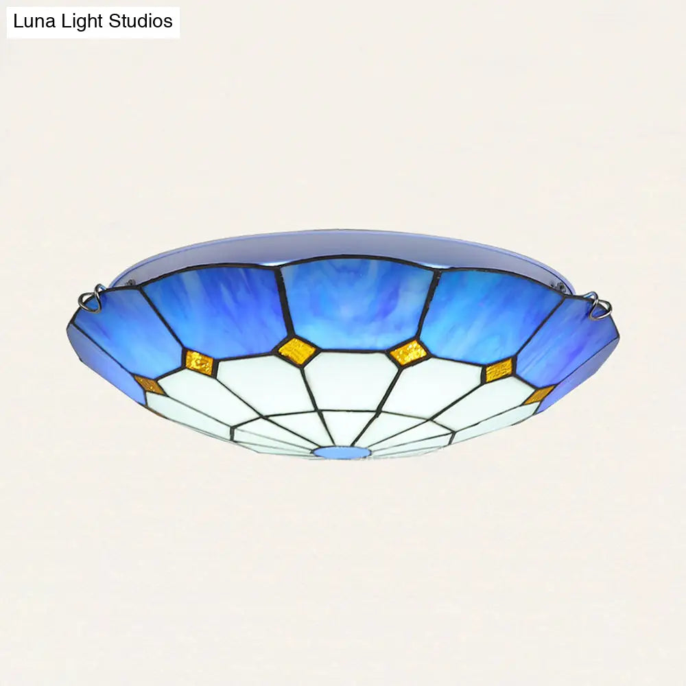 Tiffany Stained Glass Ceiling Light With 3 Bulbs - Blue Bowl Shape For Dining Room