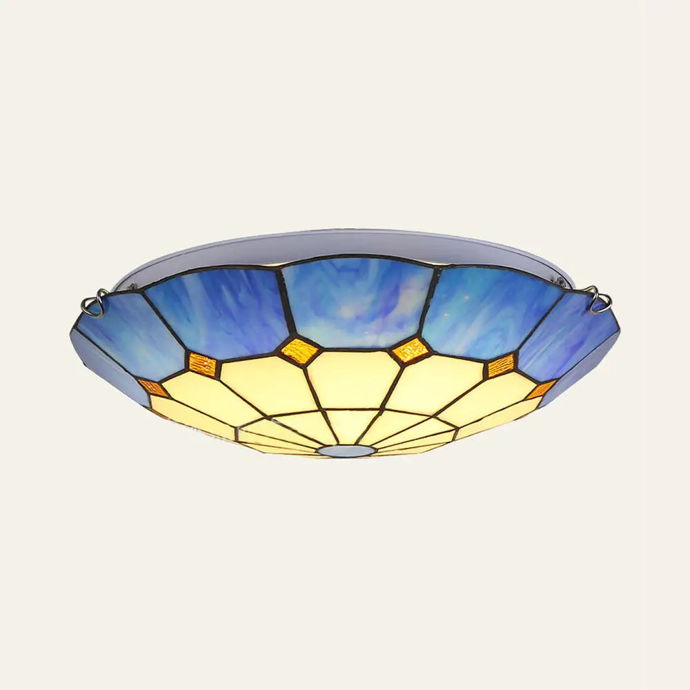 Tiffany Stained Glass Ceiling Light With 3 Bulbs - Blue Bowl Shape For Dining Room