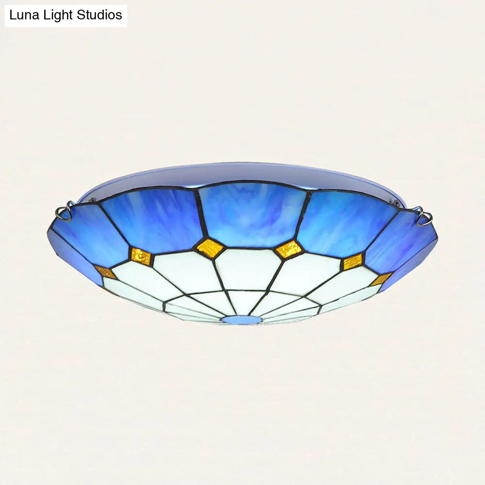 Tiffany Stained Glass Ceiling Light With 3 Bulbs - Blue Bowl Shape For Dining Room