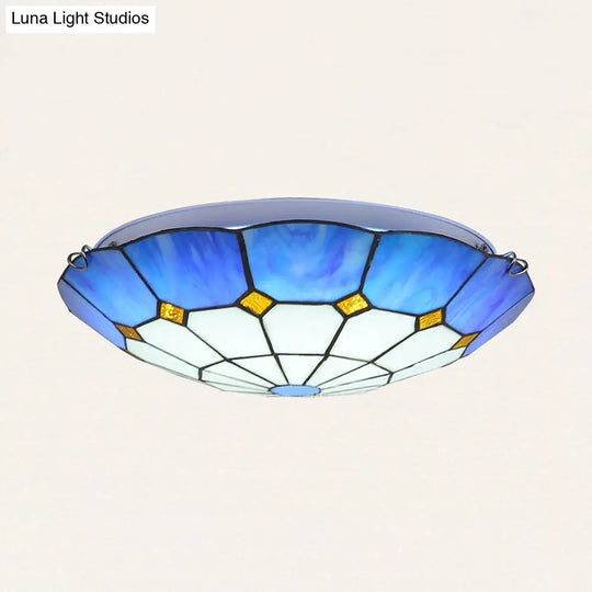 Tiffany Stained Glass Ceiling Light With 3 Bulbs - Blue Bowl Shape For Dining Room