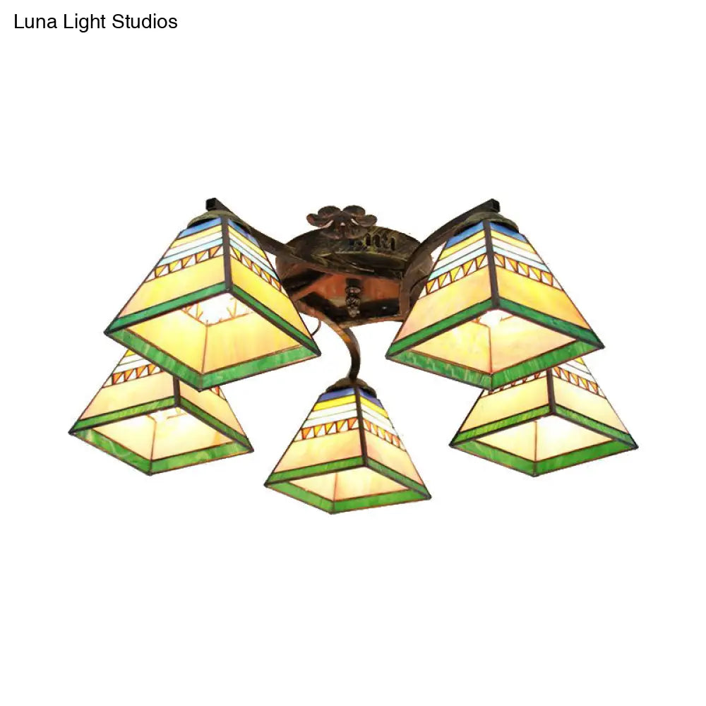 Tiffany Stained Glass Ceiling Light With 5 Scalloped Heads In Antique Bronze - Perfect For Bedroom