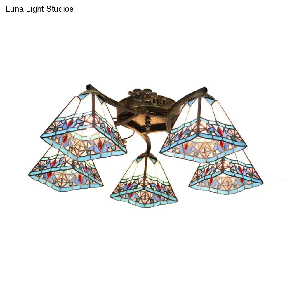 Tiffany Stained Glass Ceiling Light With 5 Scalloped Heads In Antique Bronze - Perfect For Bedroom