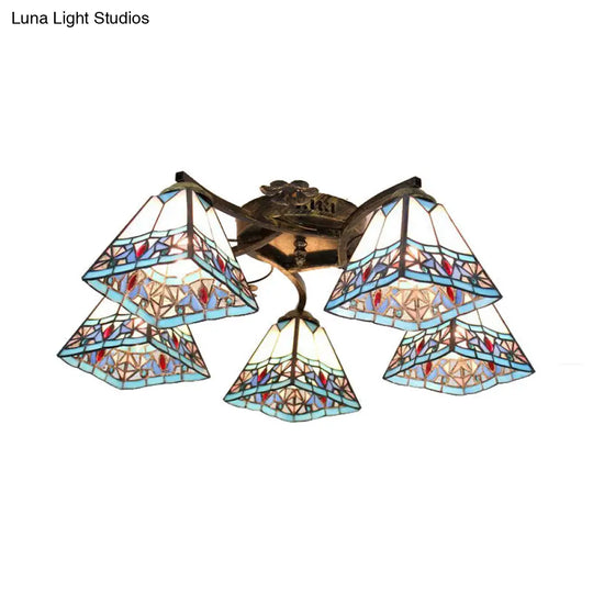 Tiffany Stained Glass Ceiling Light With 5 Scalloped Heads In Antique Bronze - Perfect For Bedroom