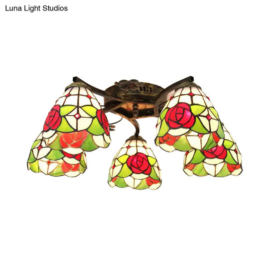 Tiffany Stained Glass Ceiling Light With 5 Scalloped Heads In Antique Bronze - Perfect For Bedroom