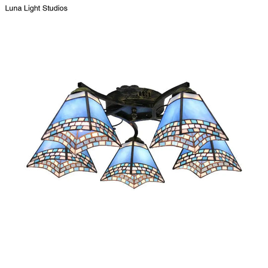 Tiffany Stained Glass Ceiling Light With 5 Scalloped Heads In Antique Bronze - Perfect For Bedroom