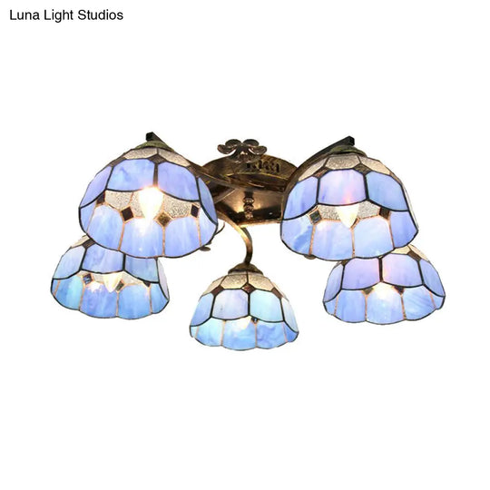 Tiffany Stained Glass Ceiling Light With 5 Scalloped Heads In Antique Bronze - Perfect For Bedroom