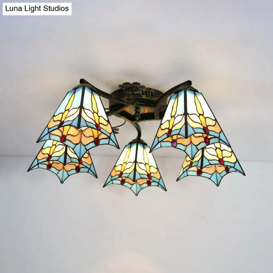 Tiffany Stained Glass Ceiling Light With 5 Scalloped Heads In Antique Bronze - Perfect For Bedroom