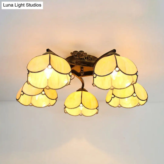 Tiffany Stained Glass Ceiling Light With 5 Scalloped Heads In Antique Bronze - Perfect For Bedroom /