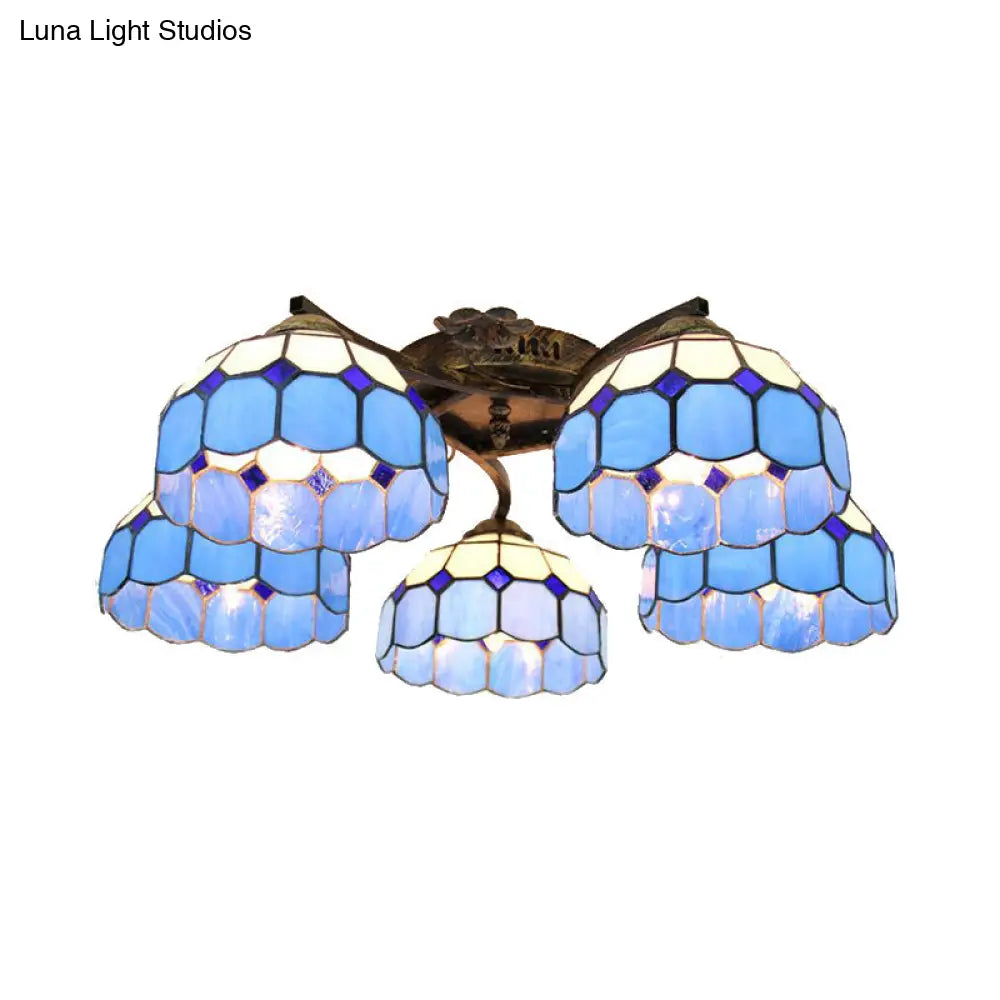 Tiffany Stained Glass Ceiling Light With 5 Scalloped Heads In Antique Bronze - Perfect For Bedroom