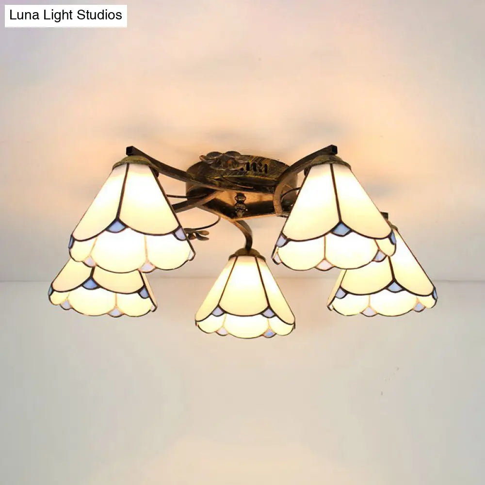 Tiffany Stained Glass Ceiling Light With 5 Scalloped Heads In Antique Bronze - Perfect For Bedroom