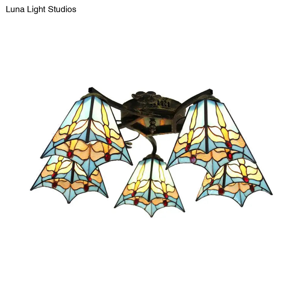 Tiffany Stained Glass Ceiling Light With 5 Scalloped Heads In Antique Bronze - Perfect For Bedroom