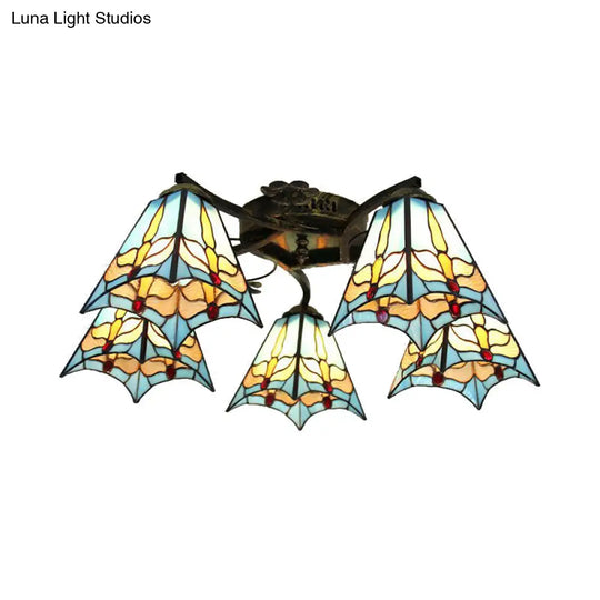 Tiffany Stained Glass Ceiling Light With 5 Scalloped Heads In Antique Bronze - Perfect For Bedroom