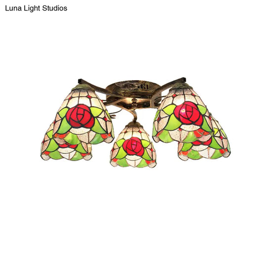 Tiffany Stained Glass Ceiling Light With 5 Scalloped Heads In Antique Bronze - Perfect For Bedroom