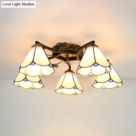 Tiffany Stained Glass Ceiling Light With 5 Scalloped Heads In Antique Bronze - Perfect For Bedroom