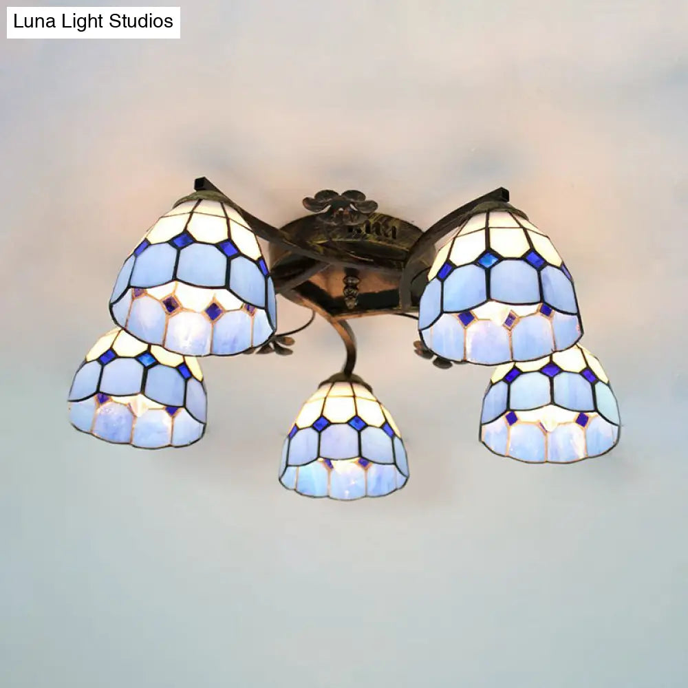 Tiffany Stained Glass Ceiling Light With 5 Scalloped Heads In Antique Bronze - Perfect For Bedroom /