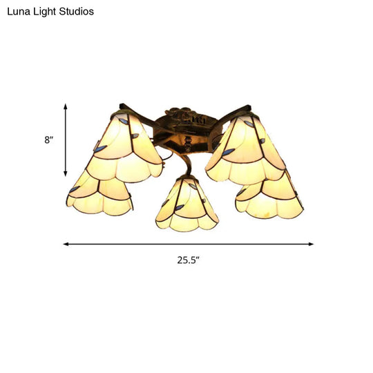 Tiffany Stained Glass Ceiling Light With 5 Scalloped Heads In Antique Bronze - Perfect For Bedroom