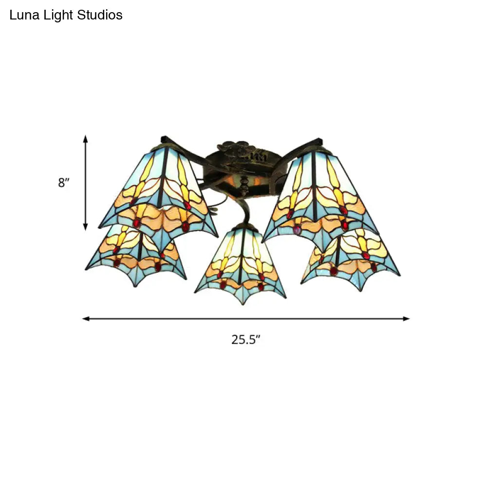 Tiffany Stained Glass Ceiling Light With 5 Scalloped Heads In Antique Bronze - Perfect For Bedroom