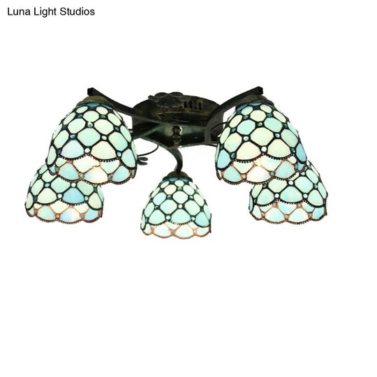 Tiffany Stained Glass Ceiling Light With 5 Scalloped Heads In Antique Bronze - Perfect For Bedroom